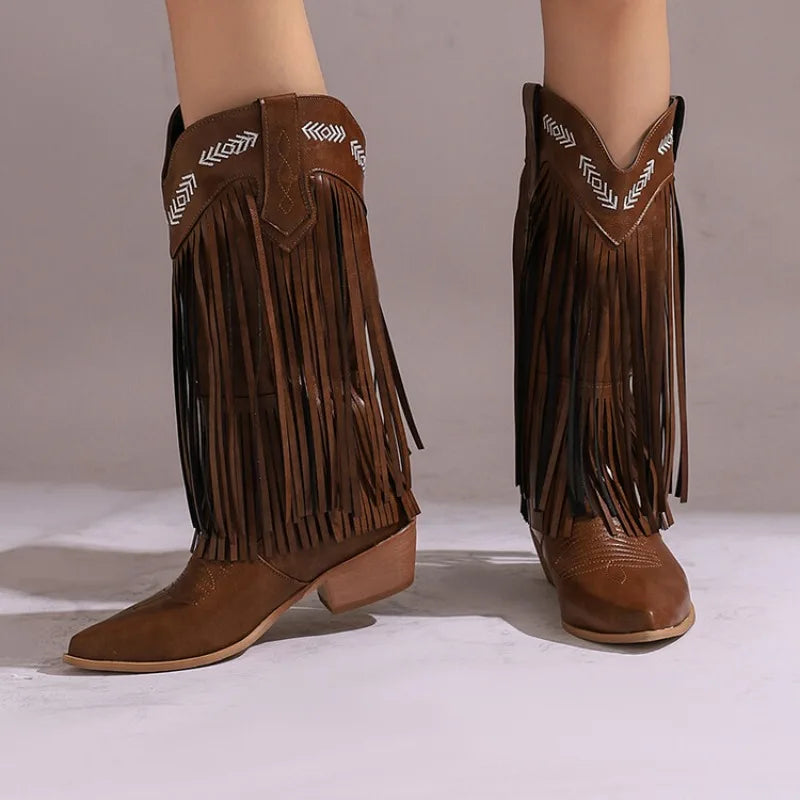 Fringe Western Boots Pink Sweet Embroidered Boots Brown Tassels Block Medium Heels Shoes Plus Size 48 Lady