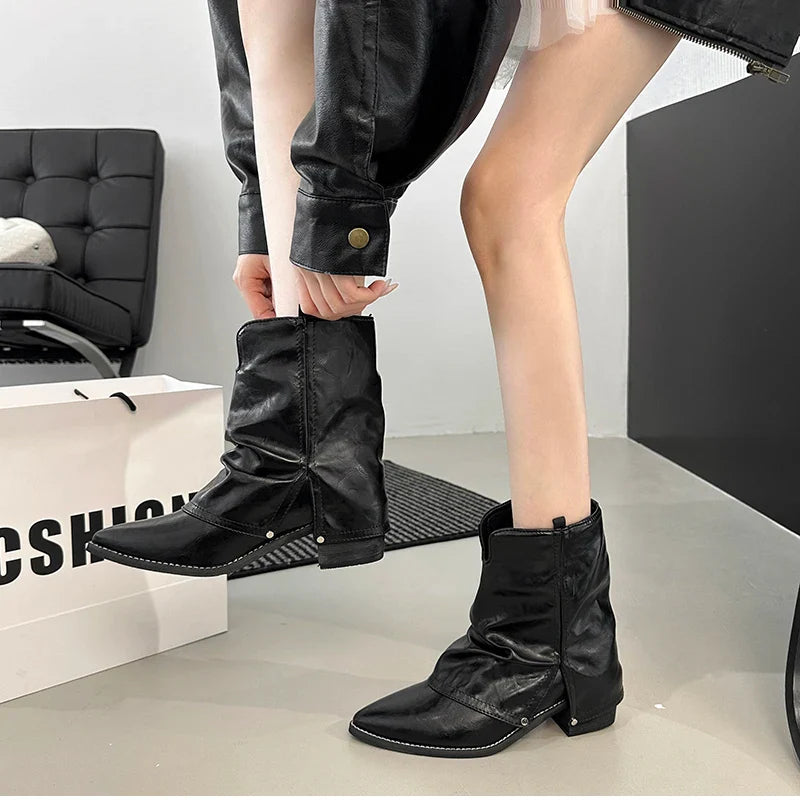 Western Cowboy Boots Vintage Pointed Toe Shoes Thick Heel Short Botas Zapatos De Mujer