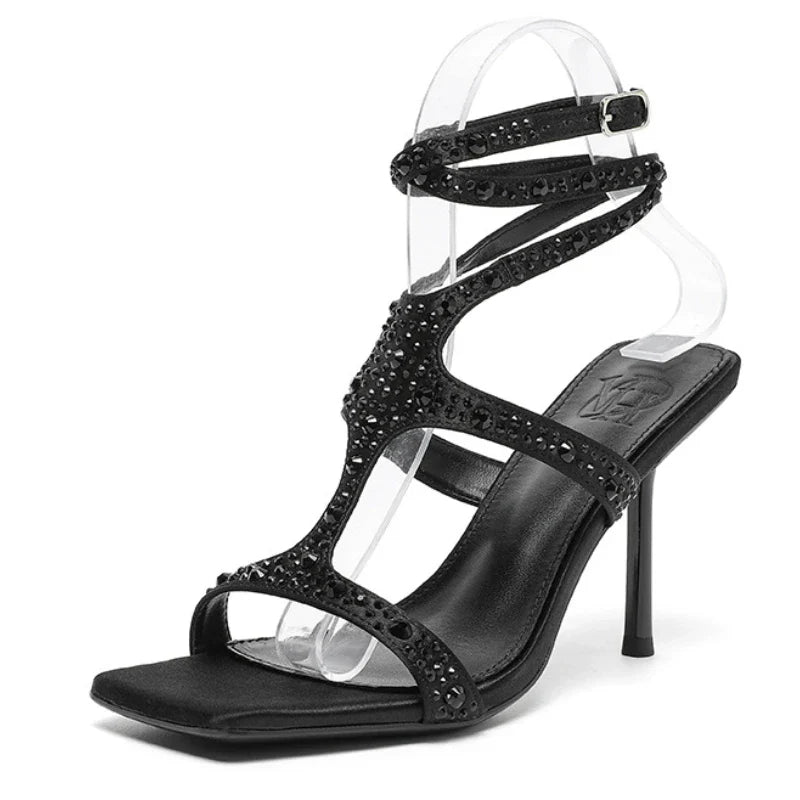 Rhinestones Thin High Heels Ankle Strap Party Open Toe Elegant Shiny Brand Sandals
