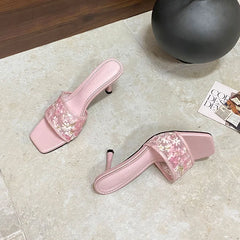 Flower Thin Heels Slides Sandals Shoes Square Toe High Heels Shoes Slip On Sandals Pumps