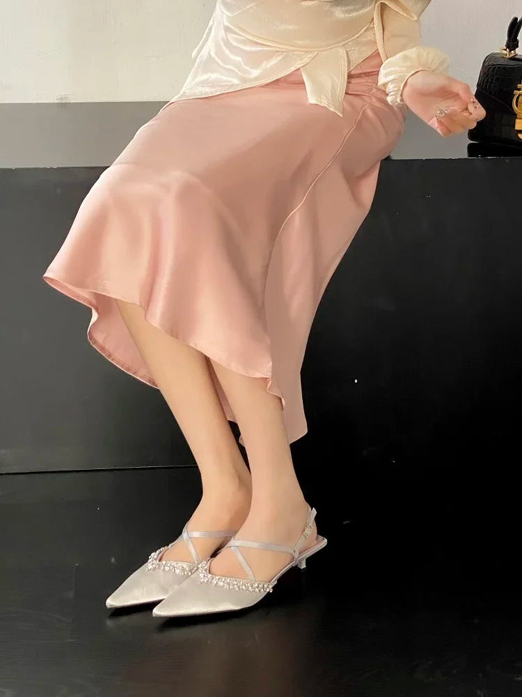 CRYSTAL Pointed Toe Narrow Band Woman Pumps Sandals Elegant Thin Low Heels Slingbacks Buckle Strap
