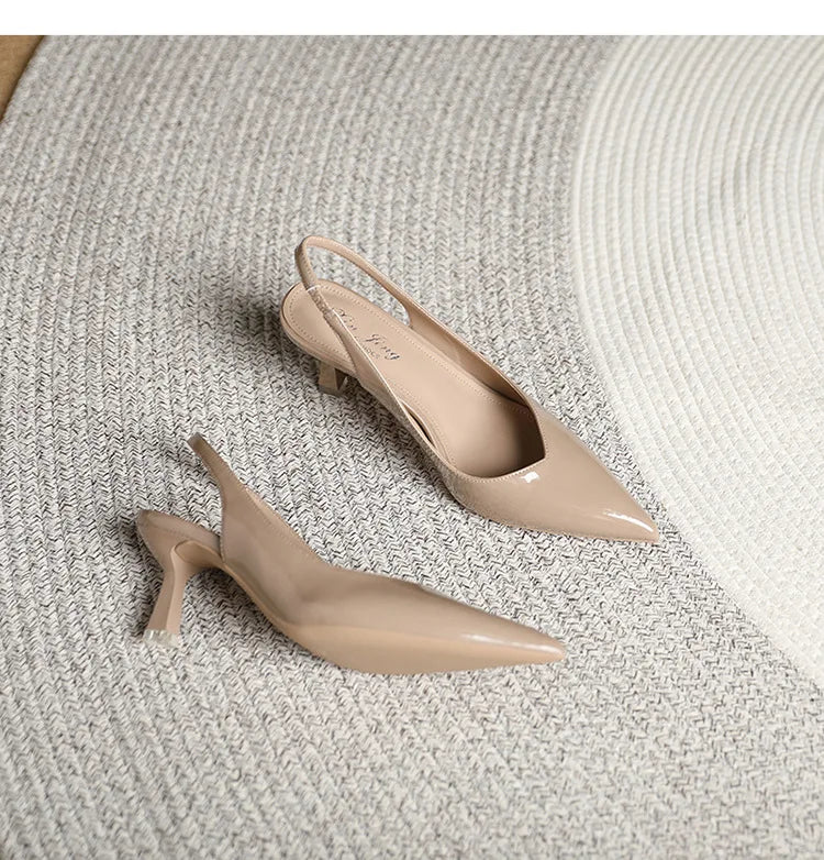 Elegant Slingback High Heels Sandals Woman Rear-Strap Shoes Office Dress Shiny Leather Pumps Pointed Toe Cut-Out Tacones
