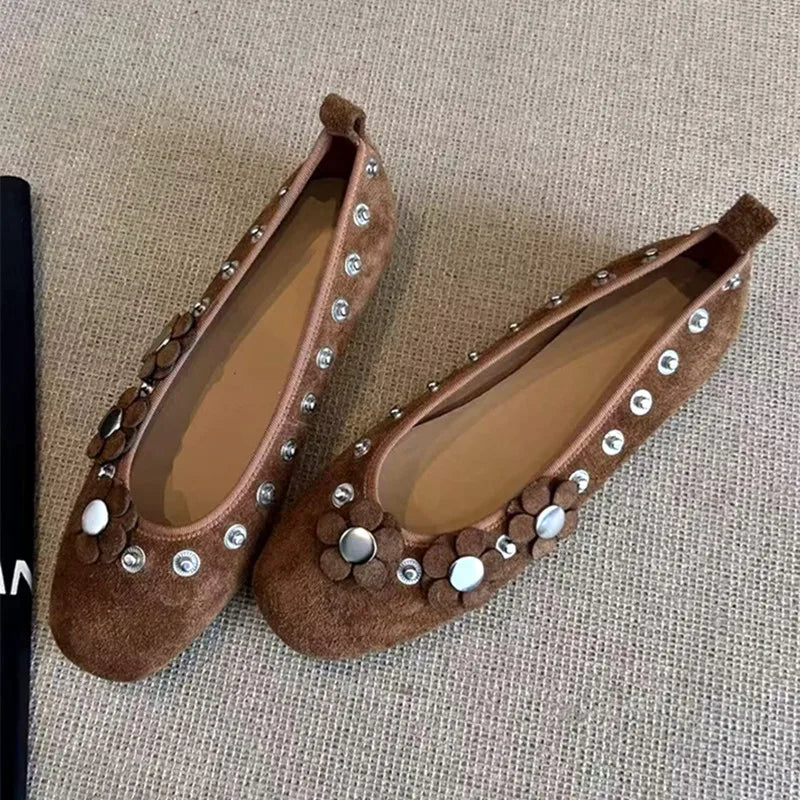 Brown Metal Button Flower Decoration Ballet Flats Faux Suede Design Loafers Elegant Comfortable Mary Jane Shoes