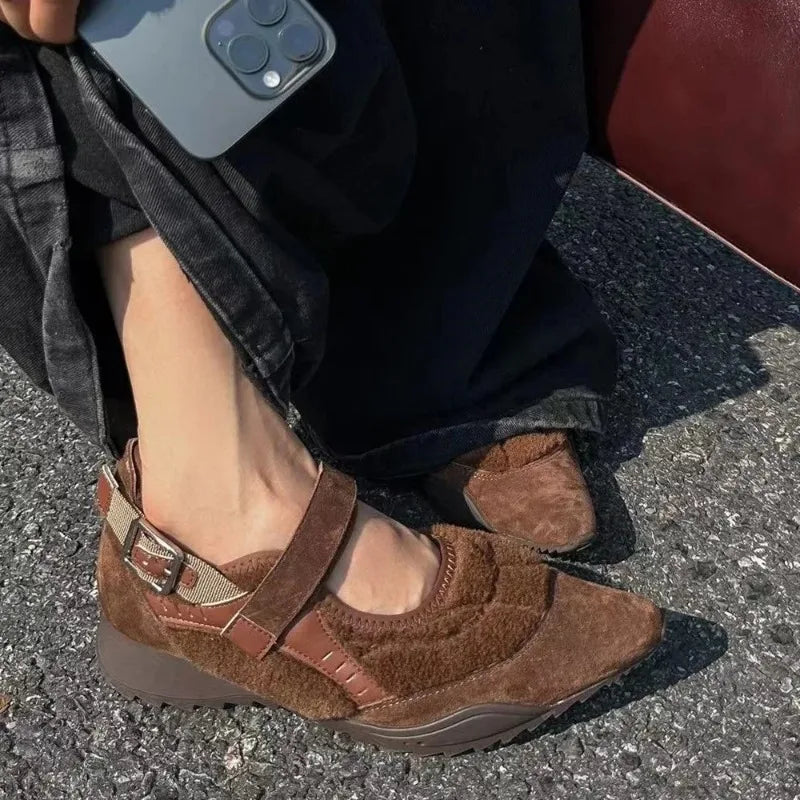 Casual Mary Jane Shoes Ins Style Pointed Toe Shallow Hook Loop Belt Buckle Street Sandals Brown/apricot Pumps