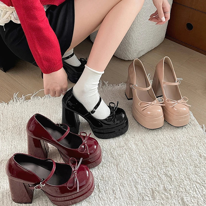 Platform Thick Heel Mary Jane Shoes Butterfly-knot Shoes Outdoor Dress Pumps
