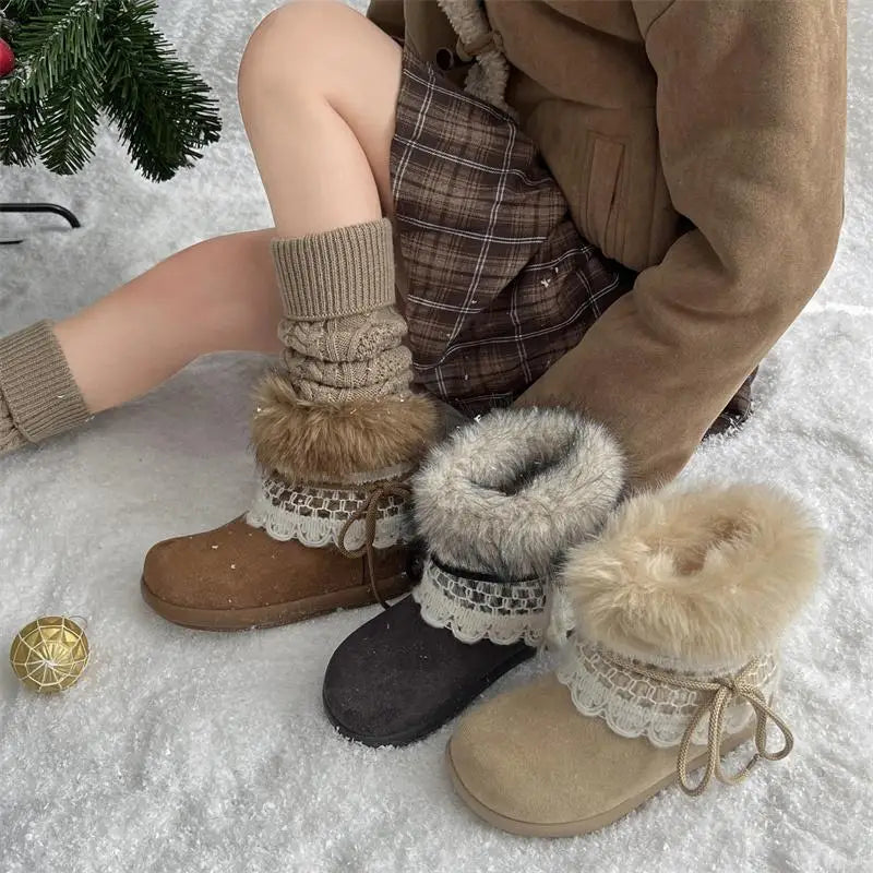 Sweet Lace Decoration Furry Suede Snow Boots Thick Bottom Fluffy Fur Ankle Boots Warm Plush Shoes