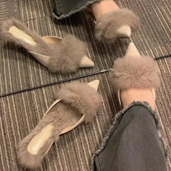 High Heel Shoes Fur Slippers Mules Pointed Toe Furry Slides Elegant Flip Flops Office Pumps