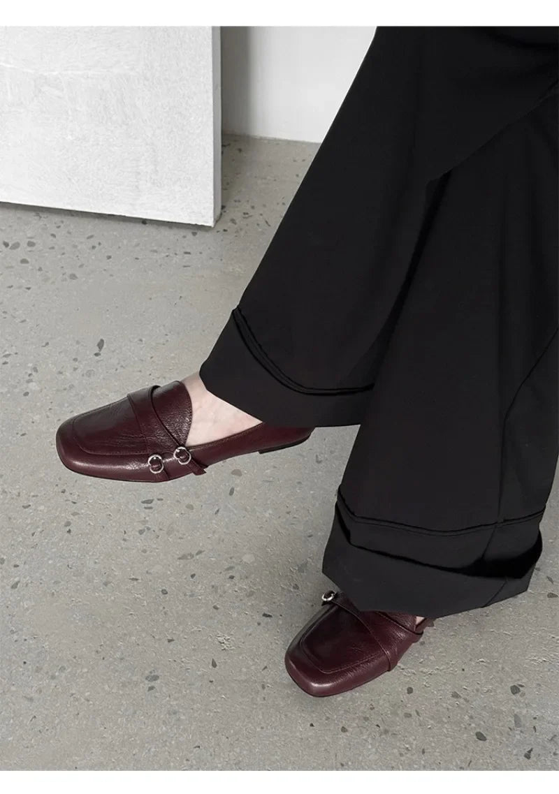 Elegant Burgundy Square Toe Loafers Metal Buckle Stitching Shoes Comfortable Commuting Flat Office Shoes