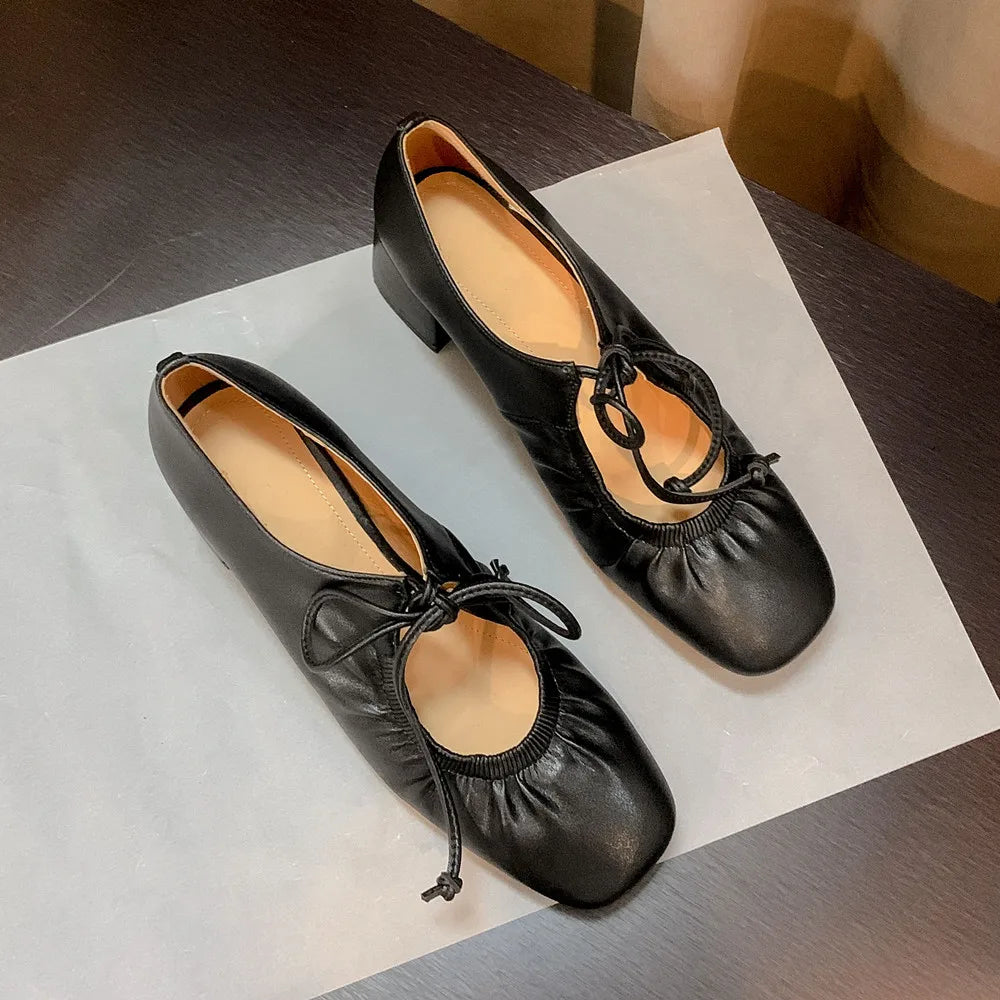 Mature Lace-Up Thick Heels Shoes Woman Office Lady Working Genuine Leather Pumps 2024