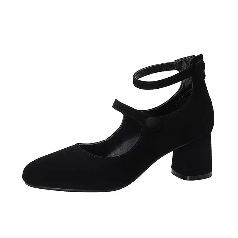 Black Suede Mary Janes Shoes Chunky Heel High Heels Round Toe Pumps Party Zapatos De Mujer