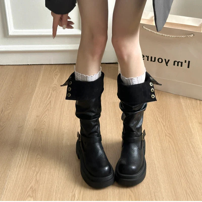Platform Thick Bottom Woman Knee High Boots Shoes Elegant Belt Buckle Knight Booties
