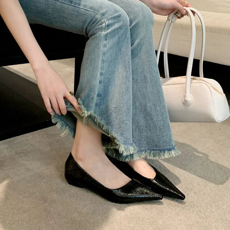 pointed toe flat shoes glitter leather patchwork OL working shoes shallow mouth cozy flats loafers