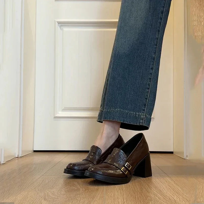 Vintage Thick High Mary Jane Shoes Banquet Party Pumps Slip On Elegant Dress Leather Shoes