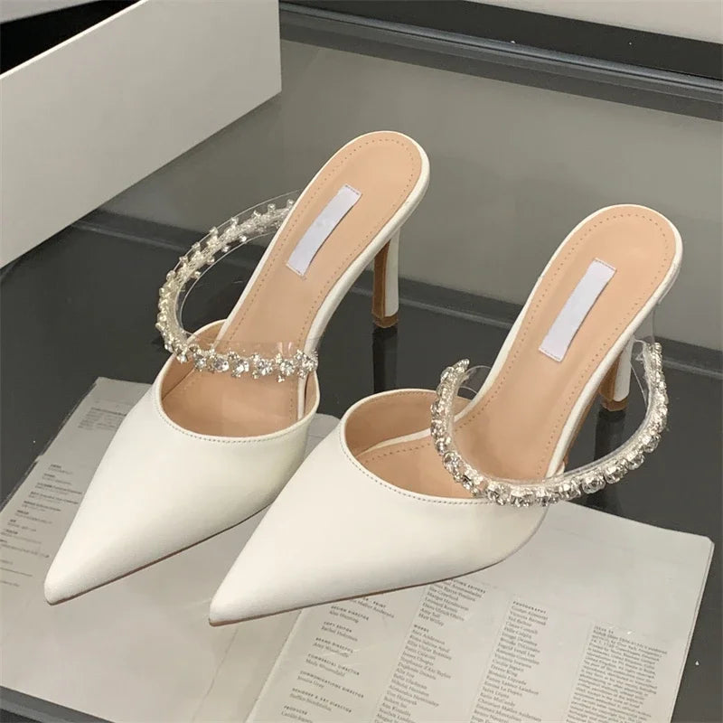 Crystal Diamond Slipper Elegant Pointed Toe Thin Heels Dress Elegant Mules Shoes