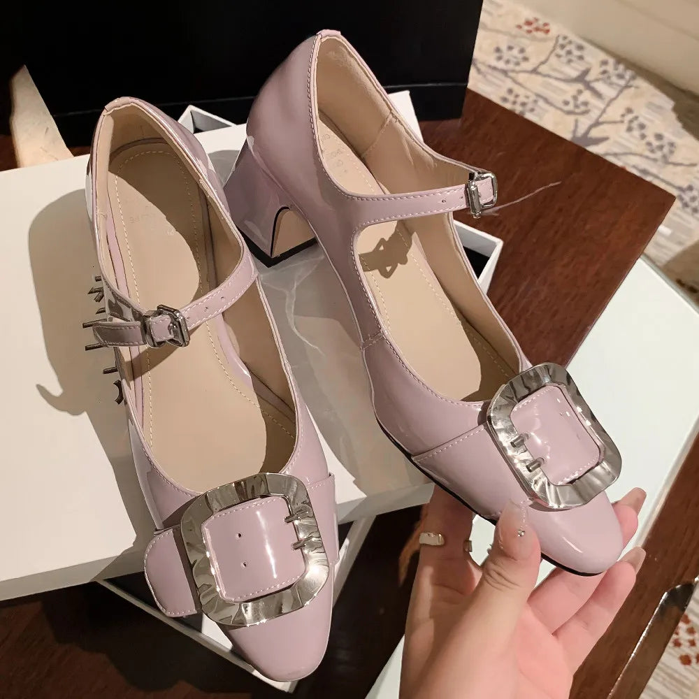 patent leather mary jane pumps 5cm thick med heel round toe big metal buckle decoration heeled