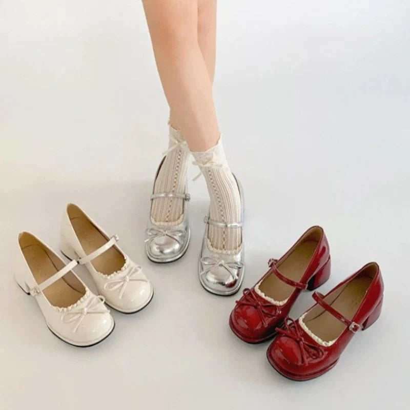 Thick Heel Mary Jane Shoes Concise Butterfly-knot Single Shoes Elegant Dress Leather Pumps