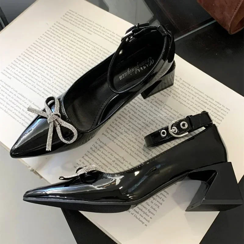 Rhinestone Bow Decorated High Heels Black Slingback Buckle Design Covered Heel Pointed Toe Mary Jane Shoes