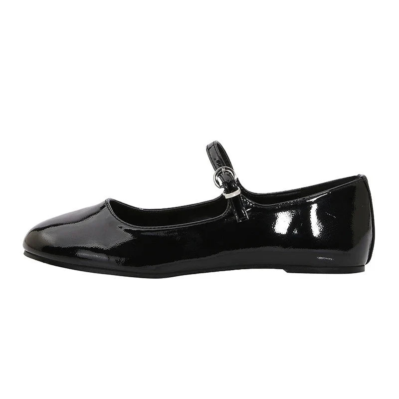 Brand Patent Leather Round Toe Ballet Flats Shallow Belt Buckle Shoes Elegant Party