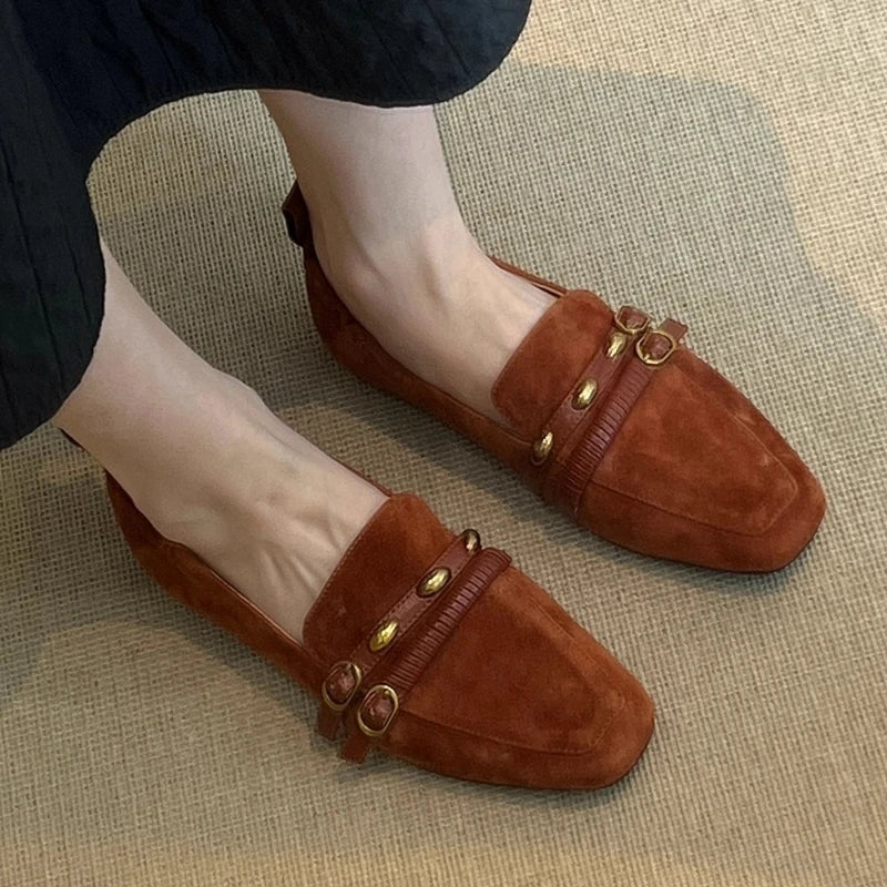 British Style Suede Square Toe Loafers Retro Belt Buckle Design Flats Shoes Comfortable Casual Commute Office Shoe