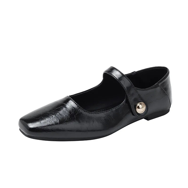 Square Toe Brown leather mary janes shoes woman retro ankle strap flats shallow mouth moccasins comfy ballerina shoes