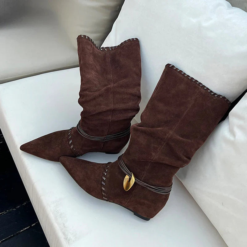 Mid Calf Boots Pointed Toe Flats Shoes Chelsea Boots Casual Walking Suede Zapatos Goth Mujer Botas