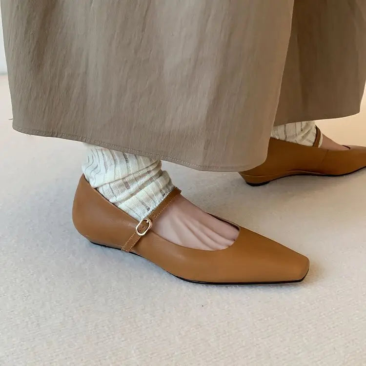 Genuine Leather Mary Jane Shoes Sandals Buckle with Square Toe Soft Bottom Shoes