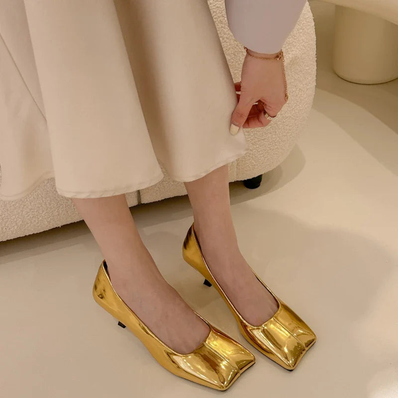 Gold Pumps Shoes Thin High Heels Square Toe Shallow Slip on Work Office Elegant Wedding Shoes