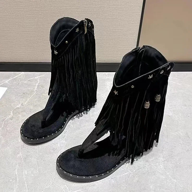 Fringe Ankle Cool Boots Sandals Flats Clip Toe Shoes Brand Casual Woman Zapatillas