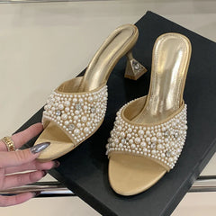 White Pearl Sandals Open Toe Crystal Rhinestone Low Heels Mules Party
