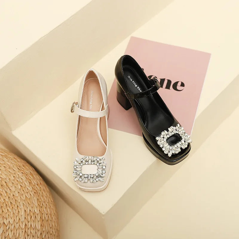 Shoes With Straps Sandals Brief Pumps Casual Heels Square Toe Buckle African Sweet Comfortable Crystal Brand