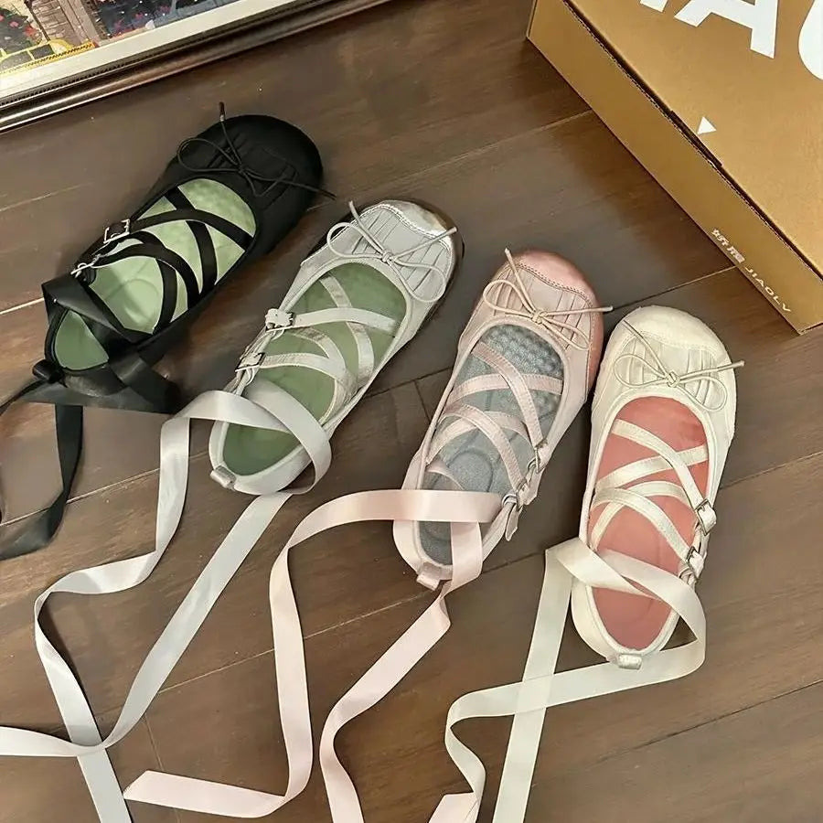 Ballet Flats Round Toe Lace Up Black Pink White Bow Shoes Sandals Ballerinas Mary Jane Shoes