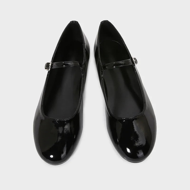 Brand Patent Leather Round Toe Ballet Flats Shallow Belt Buckle Shoes Elegant Party