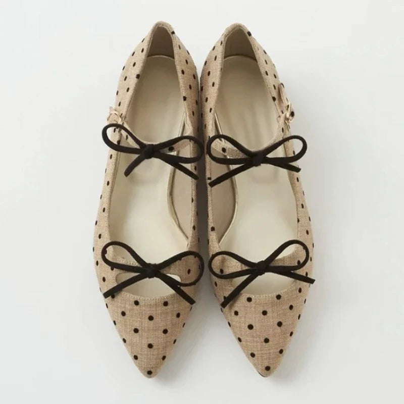 Cute Bow Double Buckle Low Heel Pumps Polka Dot Pointed Toe Shoes Comfort Soft Sole Commuter Office Shoes