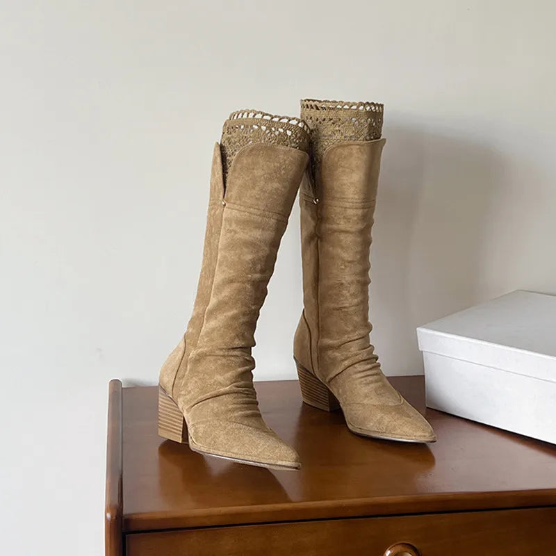 Pleated Design Knee-High Boots Vintage Faux Suede Lace High heels Western Cowboy Long Booties Shoes