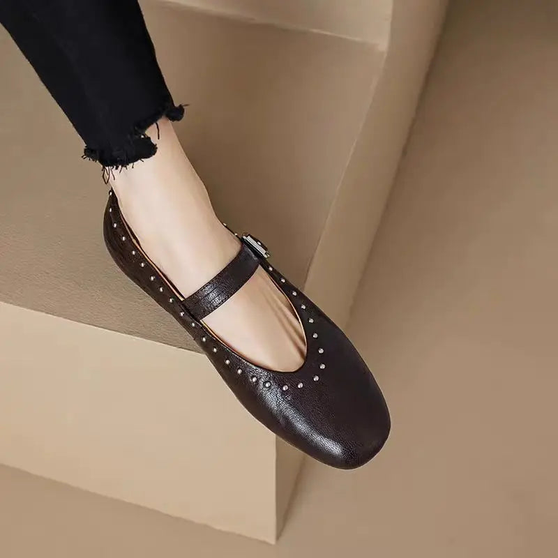 French Retro Mary Jane Ballet Shoes Flat Flat Casual Round Toe Riveted Shallow Mouth Single Shoes