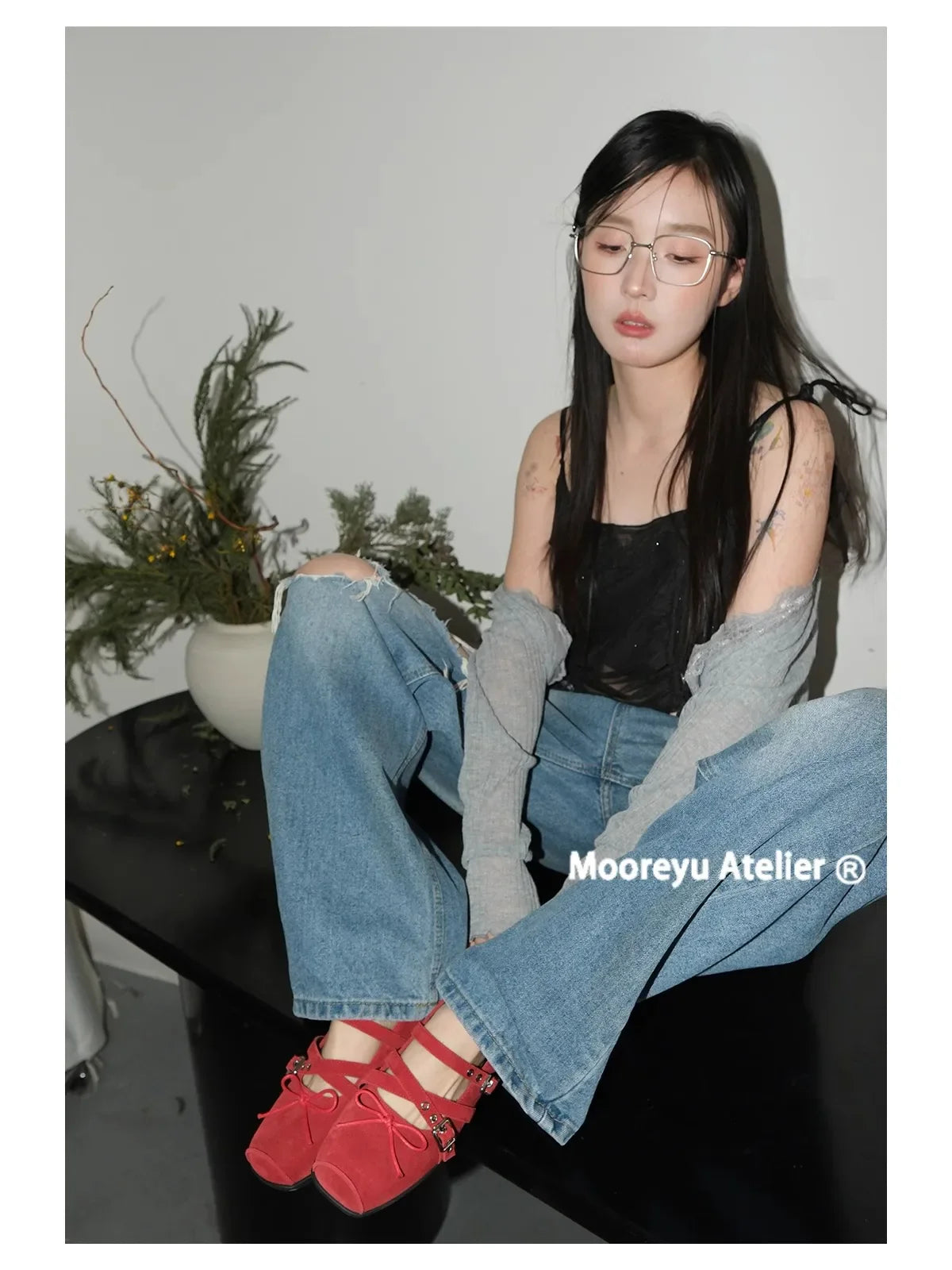 Rivet Decorated Ballet Flat Shoes with Bow Design Shoes with Square Toe Buckle Shallow Mouth Loafers