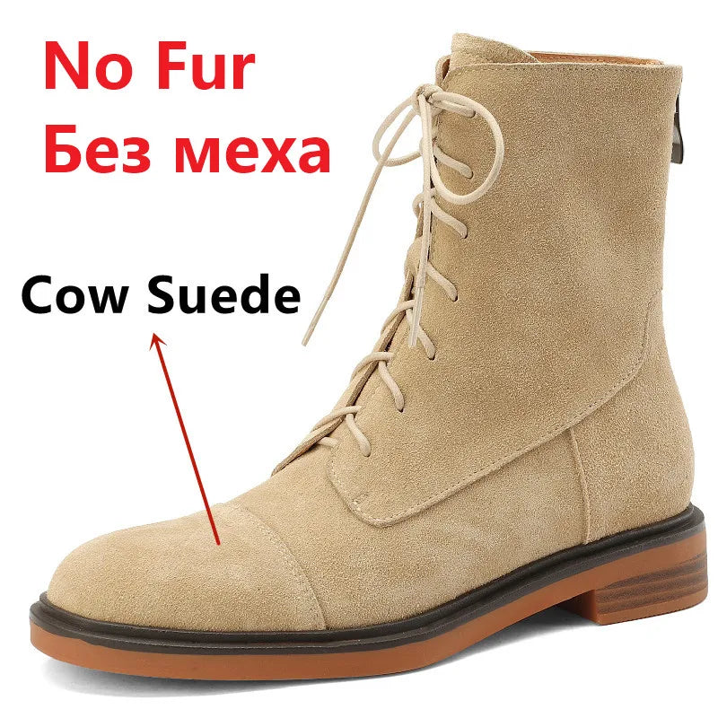 Ankle Boots Office Casual Genuine Leather Wool Low Heels Comfortable Shoes Woman High Quality