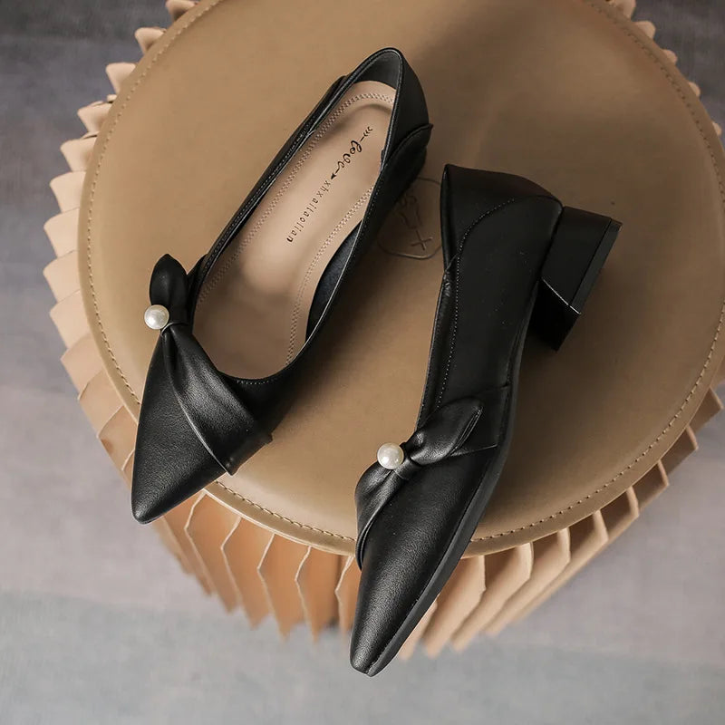 leather bow band flat shoes woman pointed toe pearl decoration slip on loafers two wears pleated ballet flats