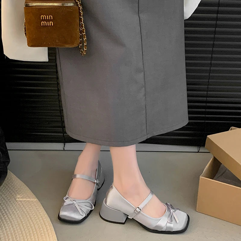 Pink bow high heels and square-headed silk ribbon buckle single shoes shallow thick-heeled shoes