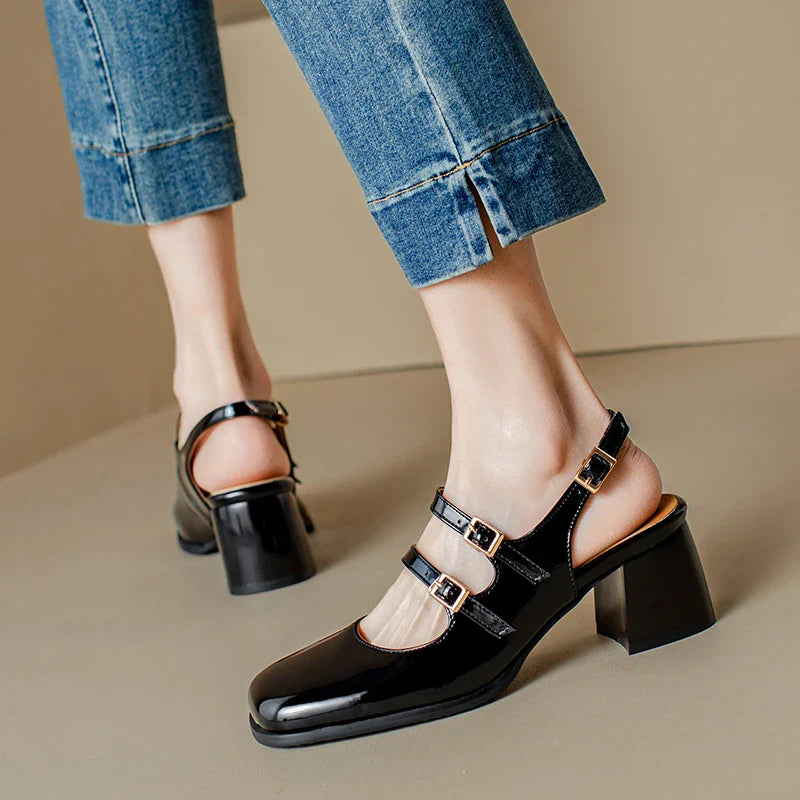 Plus Size 44 45 46 Black Silver Chunky High Heels Mary Jane Shoes Square Toe Double Buckle Pumps Slingback Sandals