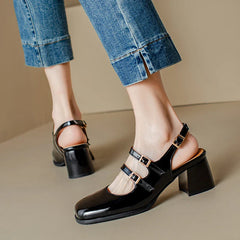 Plus Size 44 45 46 Black Silver Chunky High Heels Mary Jane Shoes Square Toe Double Buckle Pumps Slingback Sandals
