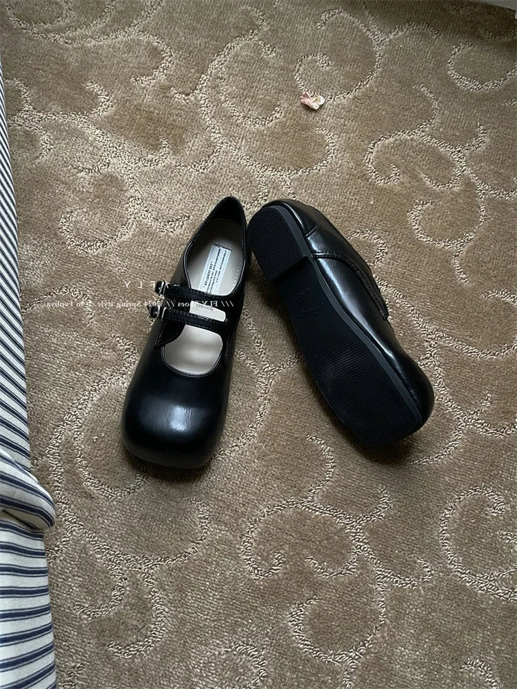 Vintage Slip On Loafers Casual Square Toe Ankle Strap Buckle Mary Jane Shoes Chunky Low Heel Pumps