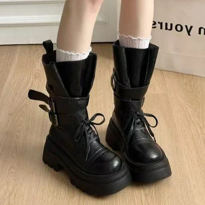 Mid Calf Boots Flats Platform Shoes Lace Up Woman Buckle Chelsea Boots Sport Walking Shoes