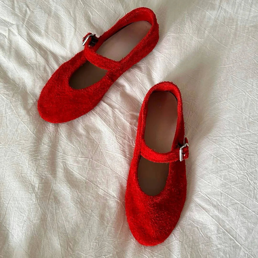 Leather Mary Janes Flats Shoes Cow Suede Buckle Strap Ballet Flats Shoes Shallow Soft Casual Loafers