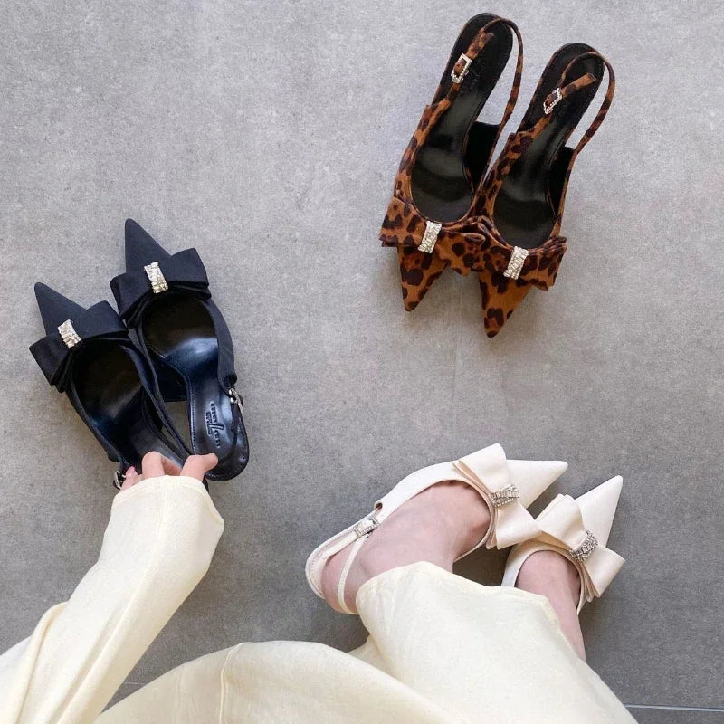 Leopard Thin High Heels Butterfly-knot Office Shoes Pointed Toe Sandals Sandalias De Mujer