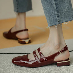 Shoes Woman Flats Double Buckle Mary Janes Shoes Patent Leather Back Strap Zapatos Mujer