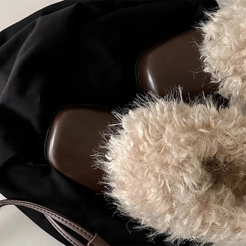 Ins style Square toe Patent Leather Wool Warm High heels Loafers Casual Girls Chunky Shoes