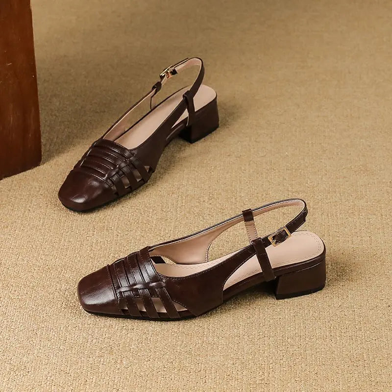 Design Vintage Square Toe Block Heels 3.5cm Back Buckle Strap Big Size 43 Dating Shoes 31 32