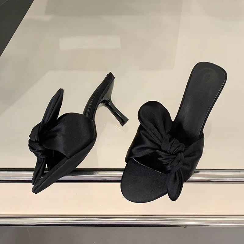 Round Toe High Heels Pumps Slides Shoes Butterfly-Knot Heeled Sandals Shoes