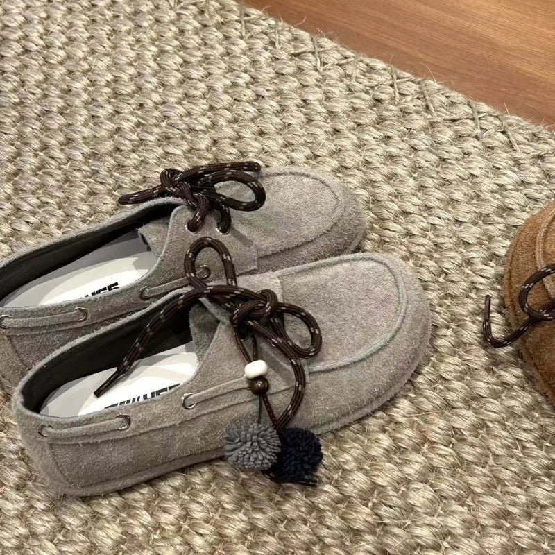 Round Toe Loafers Cow Suede Lace Up Flat Shoes Casual Versatile Doudou Shoes Soft Soled Lady Shoes